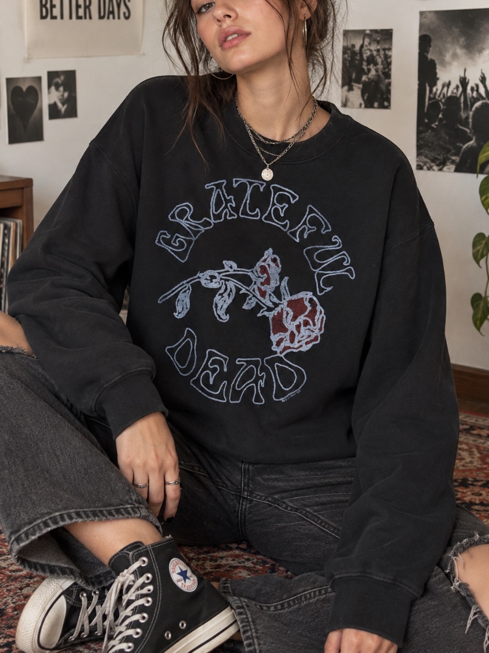 Junk Food Clothing Black Grateful Dead Rose Graphic Crewneck